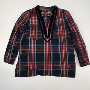 J.Crew Shirt Womens Small Multicolor Plaid Tunic Velvet Trim Long Sleeve H4462